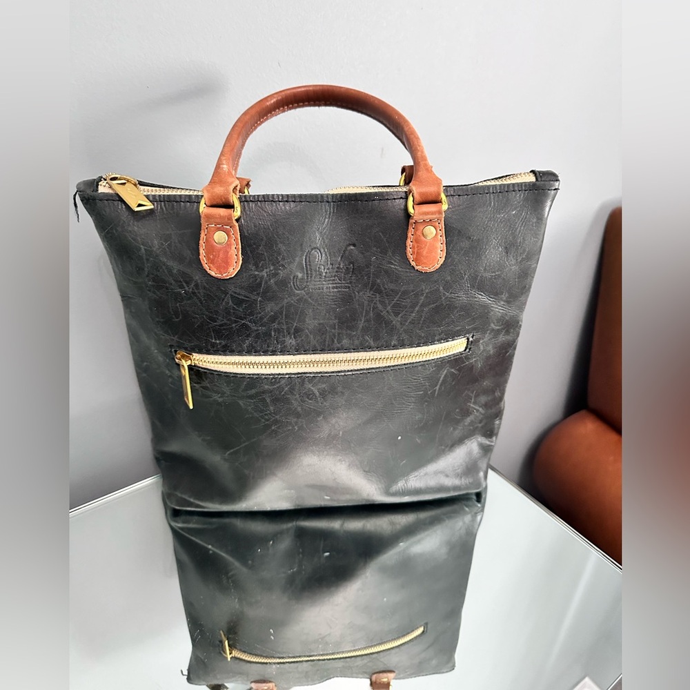 Black Leather Tote Bag with Brown Handles